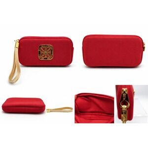 Rustic Cuff Red Wristlet Pouch Gold Logo Detachable Strap Cosmetic Bag